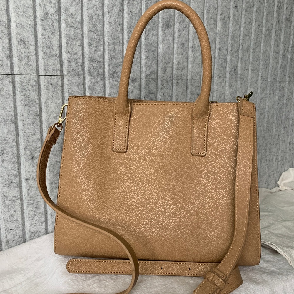 Madison West Tan Vegan Leather Satchel Crossbody Handbag Gold Hardware Zip Flaw